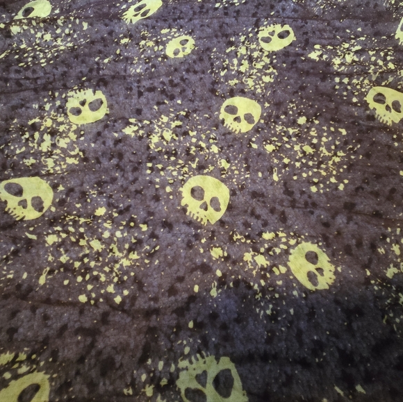 Sheer scarf. Brown with yellow skull print. - Picture 2 of 5